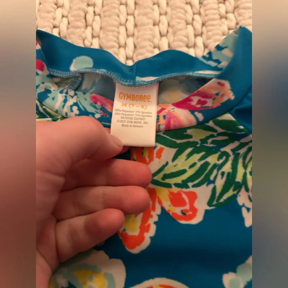 Gymboree Women Sz M (7-8) Blue Pineapple Floral Long Sleeve Rash-guard Swim Top